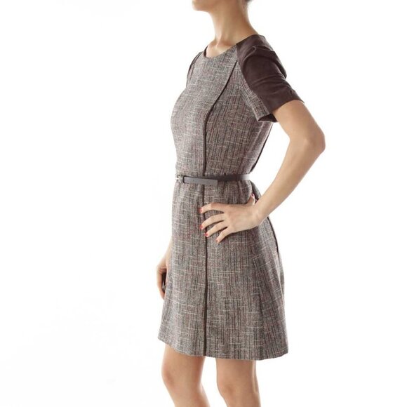 RYAN NEW YORK Brown Tweed Swede Belted Work Dress - Picture 2 of 3